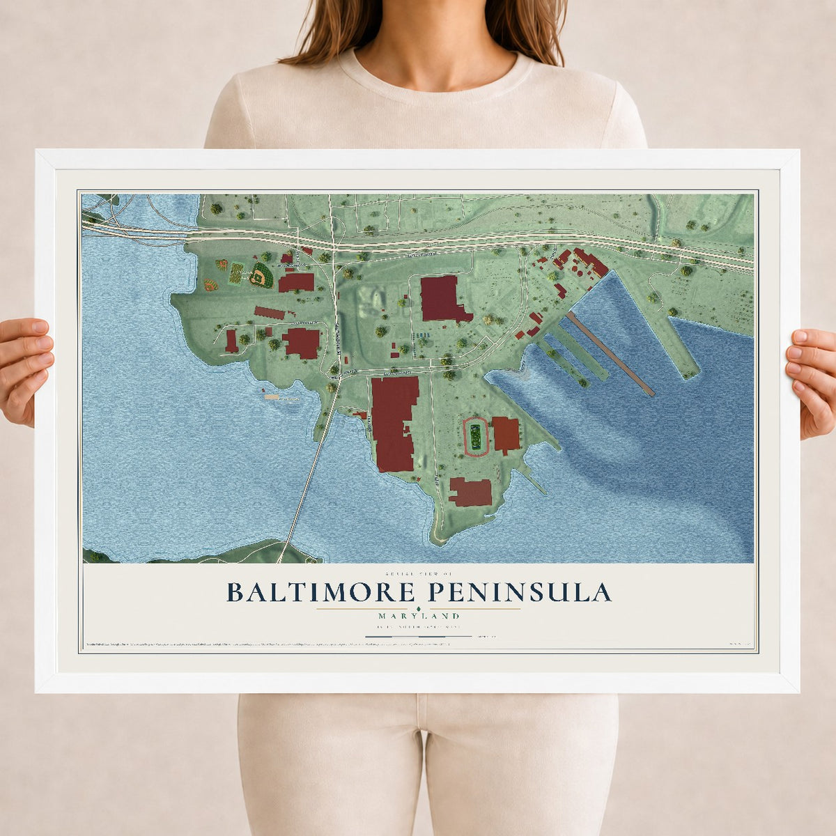 Map of Baltimore Peninsula, Maryland, 18 x 24 inch print in a white wood frame