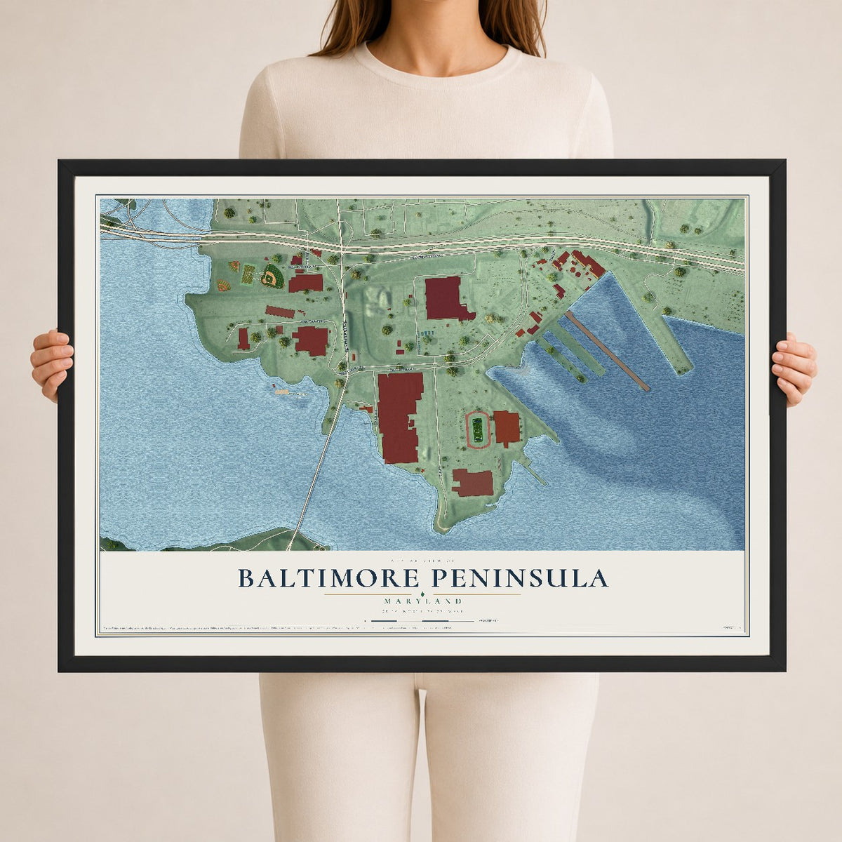 Map of Baltimore Peninsula, Maryland, 24 x 36 inch print in a black wood frame