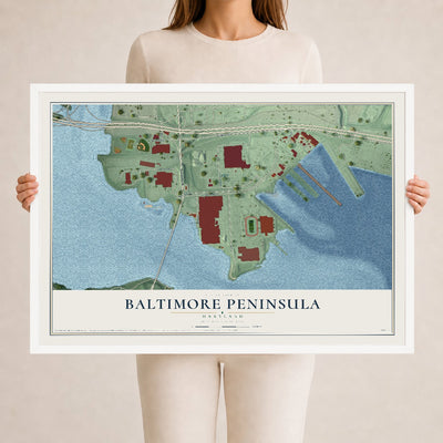 Map of Baltimore Peninsula, Maryland, 24 x 36 inch print in a white wood frame