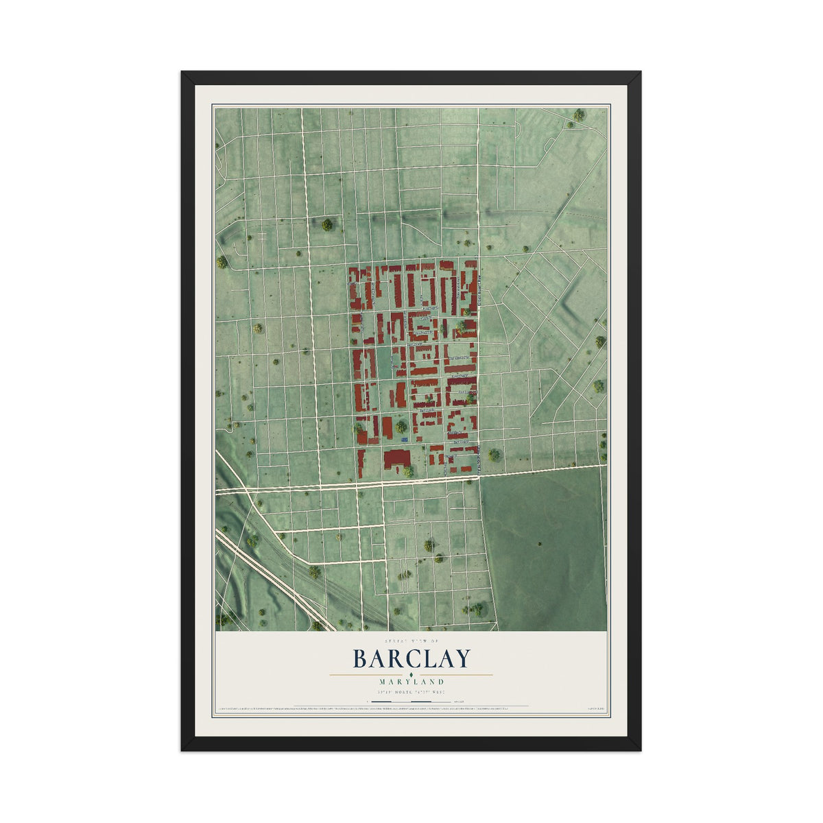 Map of Barclay, Baltimore, Maryland, 12 x 18 inch print in a black wood frame