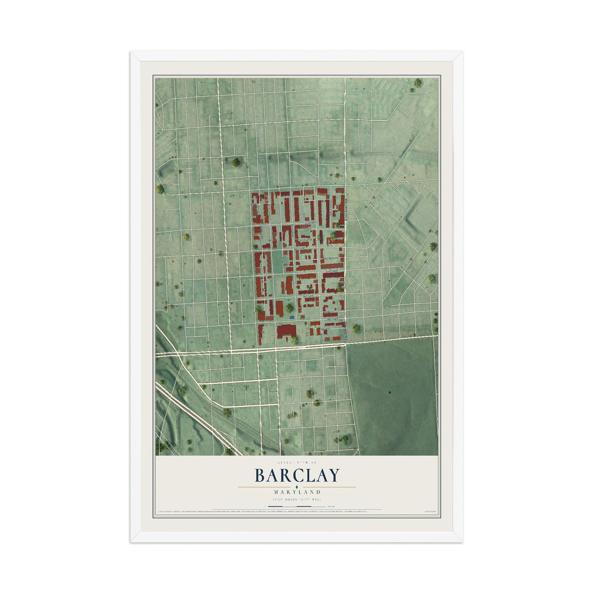 Map of Barclay, Baltimore, Maryland, 12 x 18 inch print in a white wood frame
