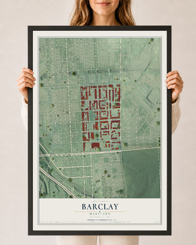 Map of Barclay, Baltimore, Maryland, 24 x 36 inch print in a black wood frame