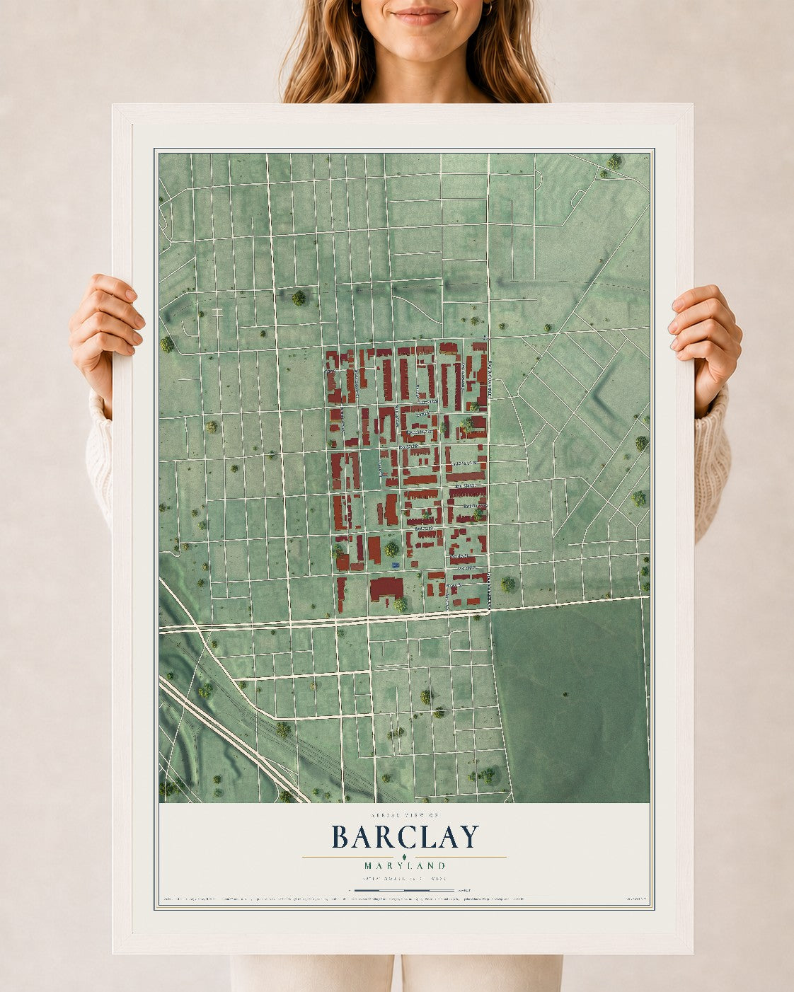 Map of Barclay, Baltimore, Maryland, 24 x 36 inch print in a white wood frame
