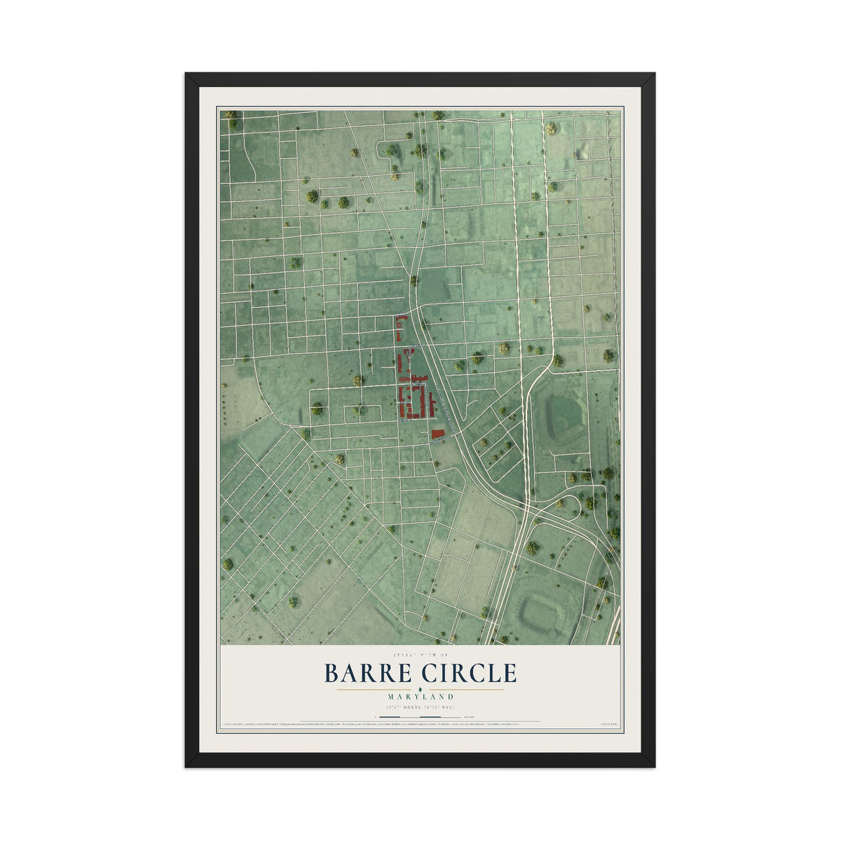 Map of Barre Circle, Maryland, 12 x 18 inch print in a black wood frame