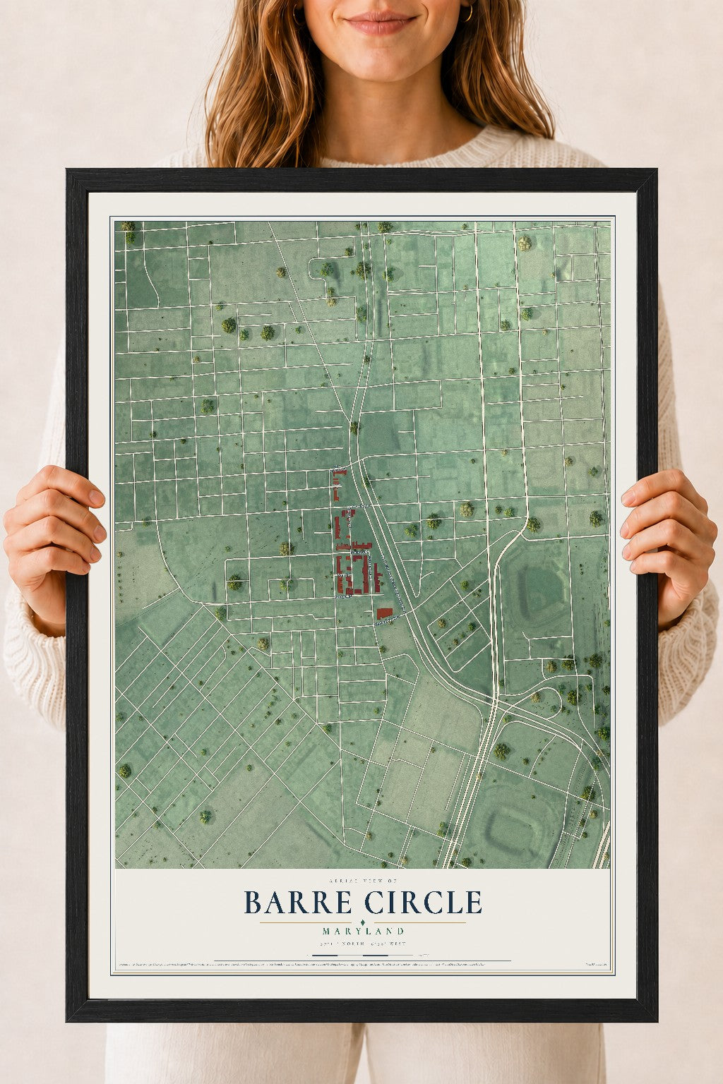 Map of Barre Circle, Maryland, 18 x 24 inch print in a black wood frame