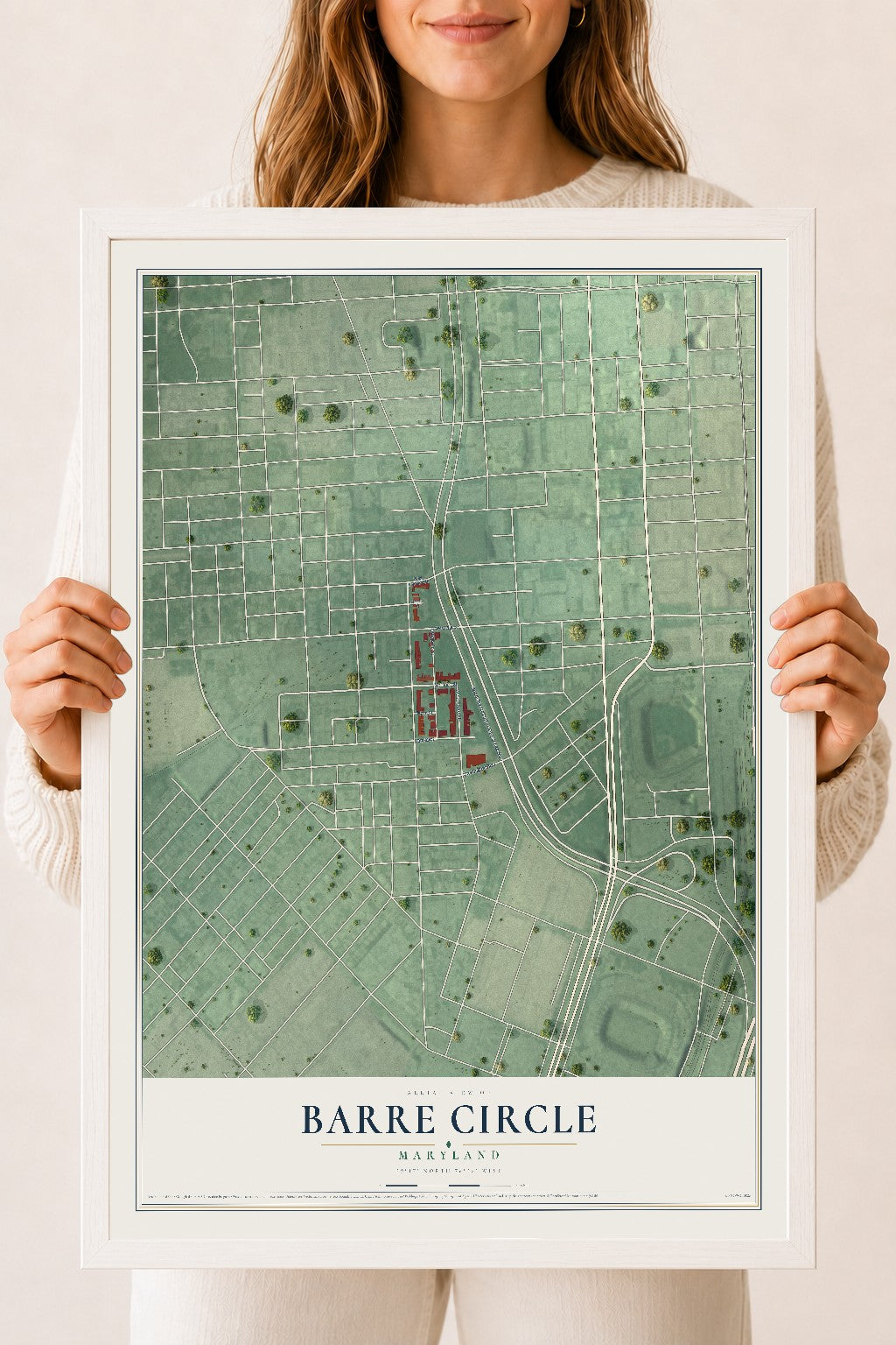 Map of Barre Circle, Maryland, 18 x 24 inch print in a white wood frame