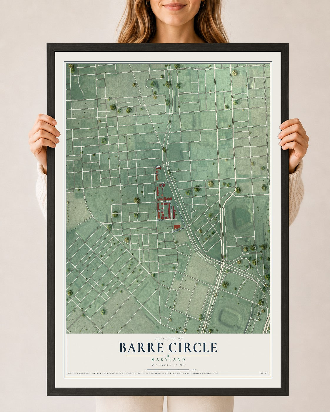 Map of Barre Circle, Maryland, 24 x 36 inch print in a black wood frame