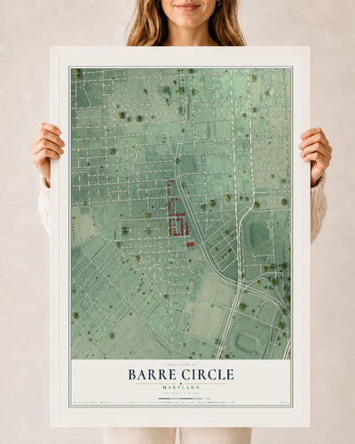 Map of Barre Circle, Maryland, 24 x 36 inch print in a white wood frame