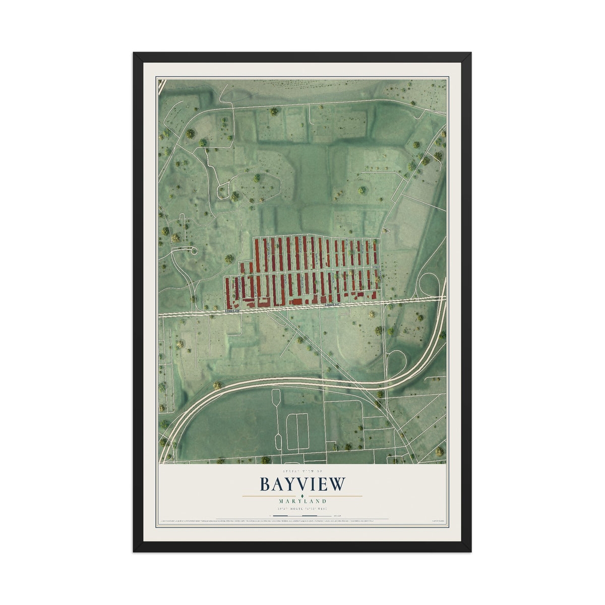 Map of Bayview, Maryland, 12 x 18 inch print in a black wood frame