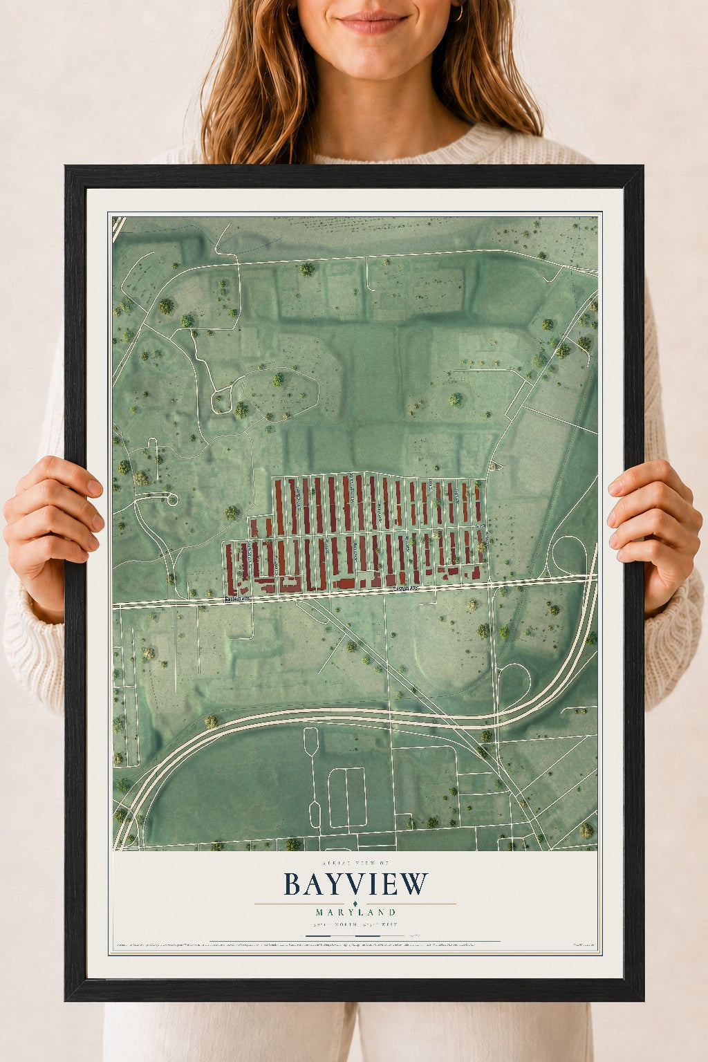 Map of Bayview, Maryland, 18 x 24 inch print in a black wood frame