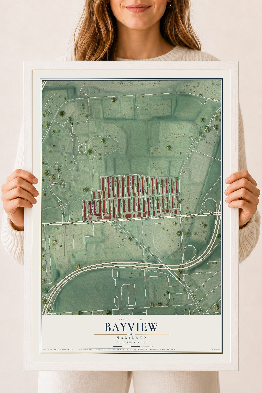 Map of Bayview, Maryland, 18 x 24 inch print in a white wood frame