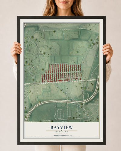 Map of Bayview, Maryland, 24 x 36 inch print in a black wood frame