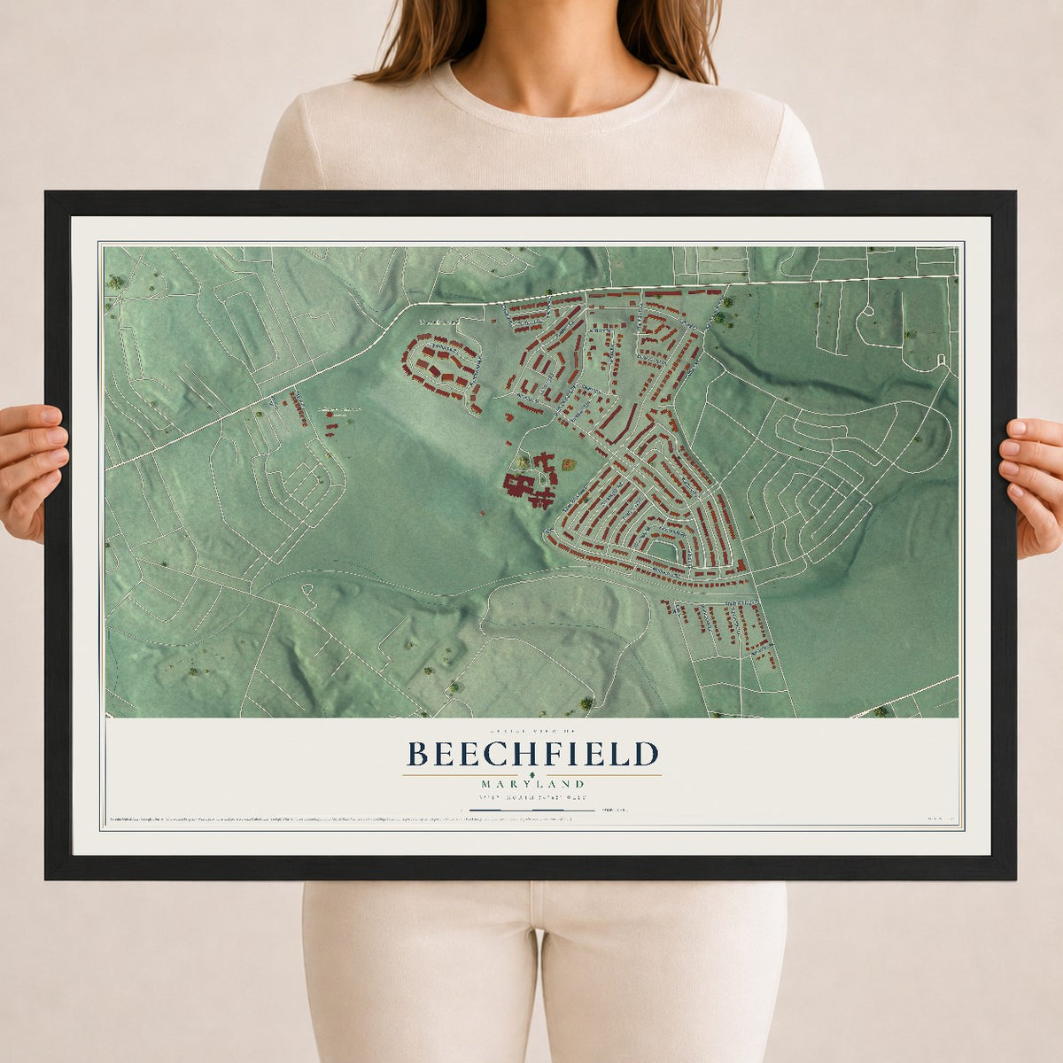 Map of Beechfield, Maryland, 18 x 24 inch print in a black wood frame