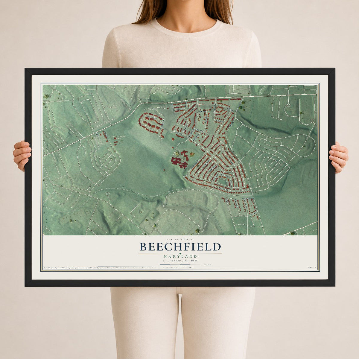 Map of Beechfield, Maryland, 24 x 36 inch print in a black wood frame