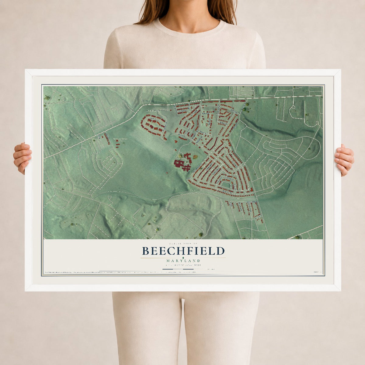Map of Beechfield, Maryland, 24 x 36 inch print in a white wood frame