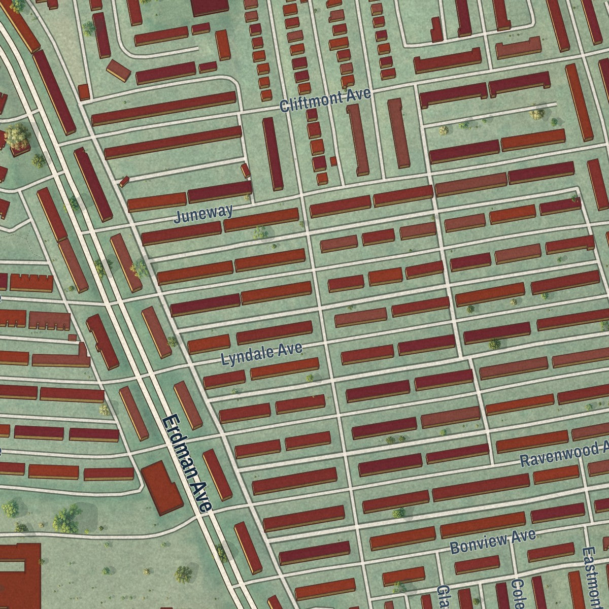 Close-up of the map of Belair-Edison, Maryland print showing street and building detail