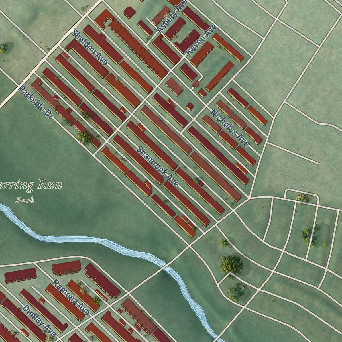 Second close-up of the map of Belair-Edison, Maryland print showing more streets and buildings