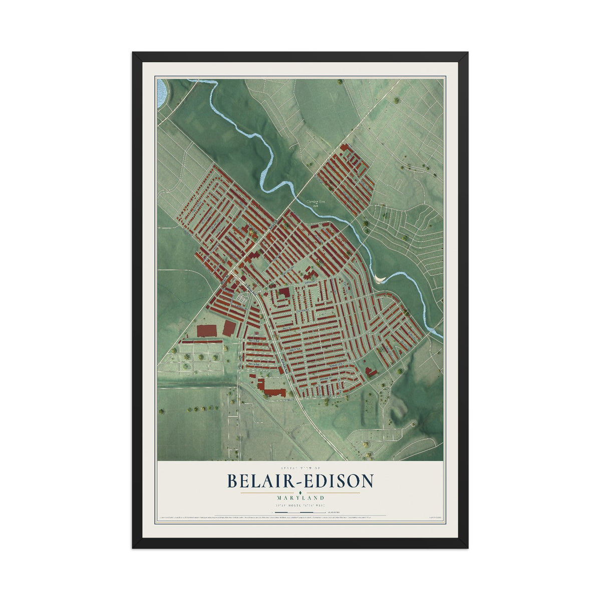 Map of Belair-Edison, Maryland, 12 x 18 inch print in a black wood frame