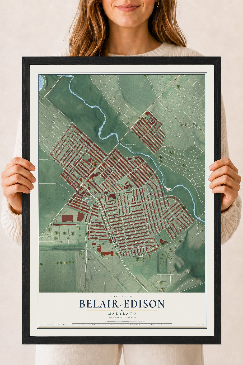 Map of Belair-Edison, Maryland, 18 x 24 inch print in a black wood frame