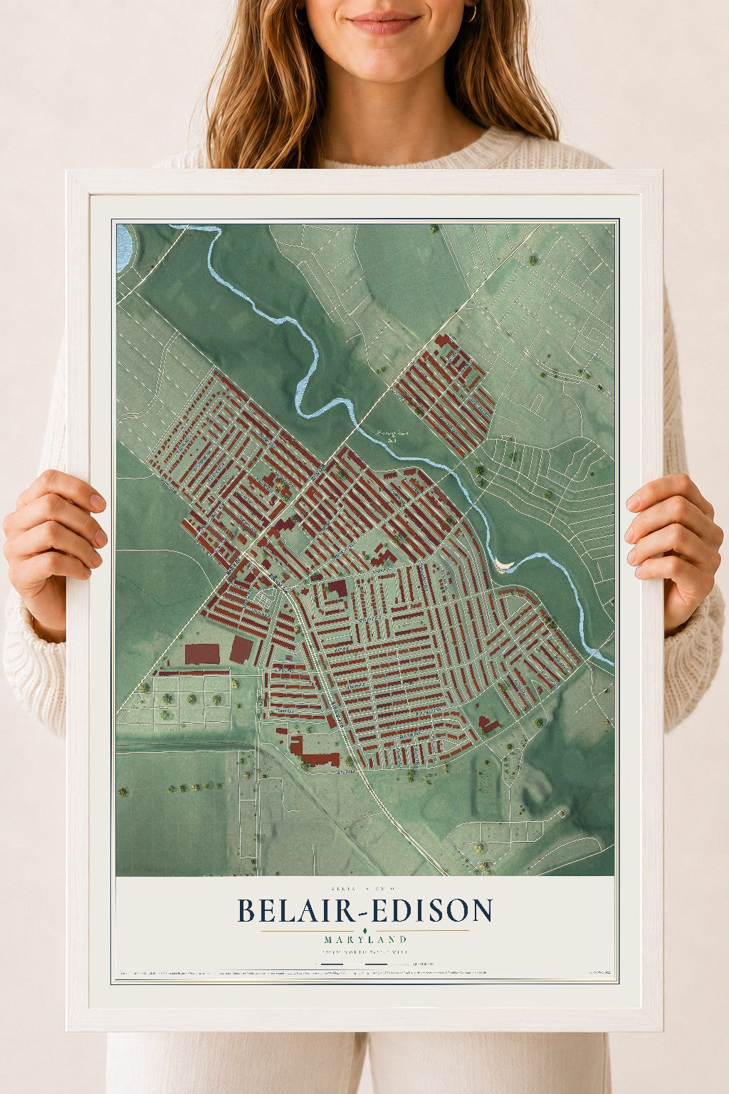 Map of Belair-Edison, Maryland, 18 x 24 inch print in a white wood frame