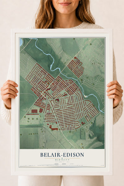 Map of Belair-Edison, Maryland, 18 x 24 inch print in a white wood frame