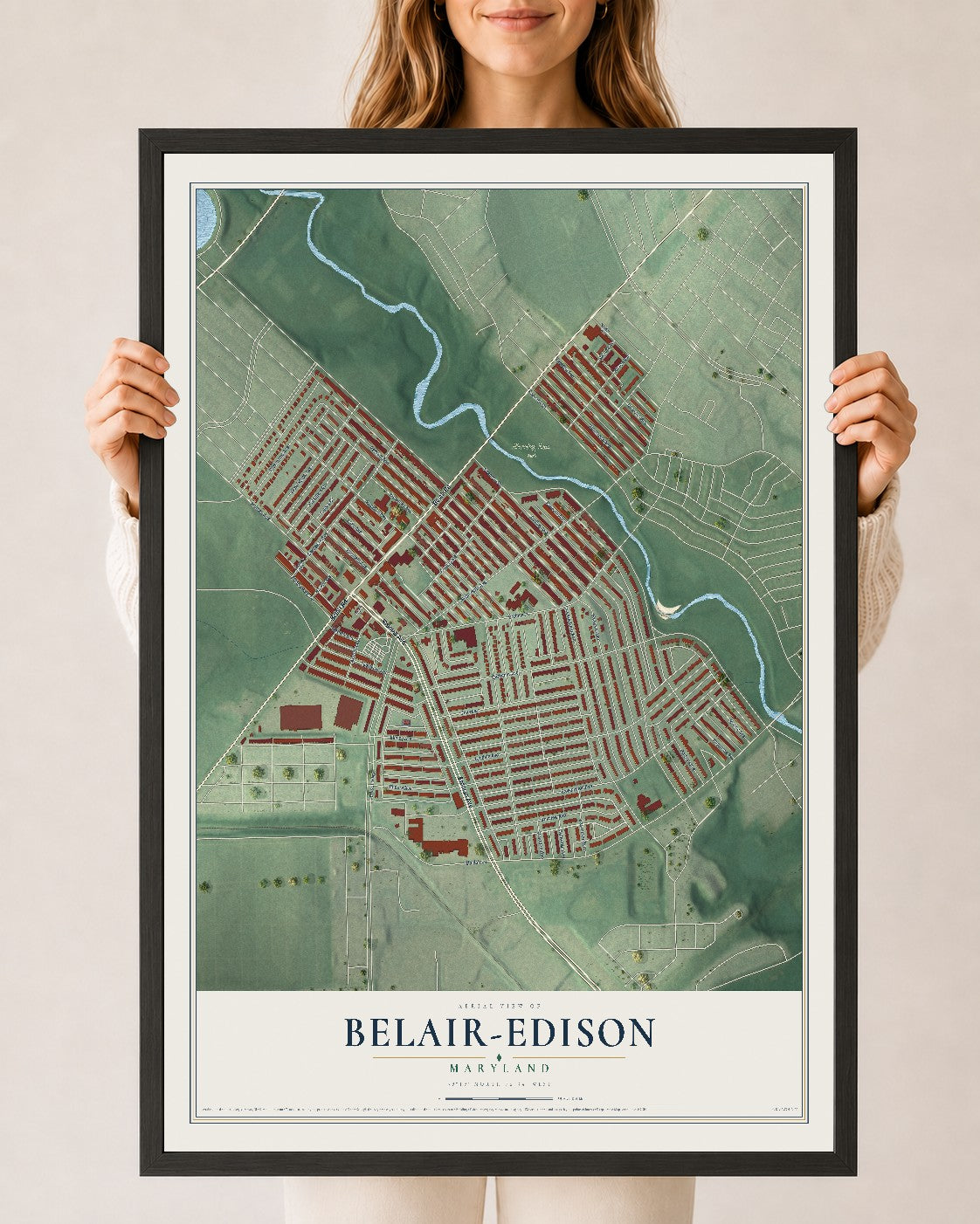Map of Belair-Edison, Maryland, 24 x 36 inch print in a black wood frame