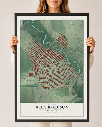 Map of Belair-Edison, Maryland, 24 x 36 inch print in a black wood frame