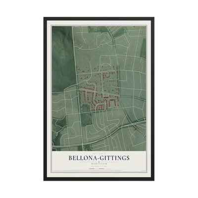 Map of Bellona-Gittings, Maryland, 12 x 18 inch print in a black wood frame