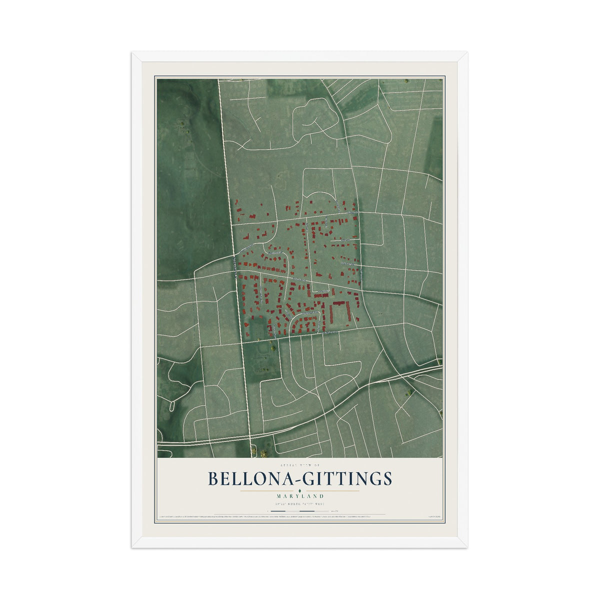 Map of Bellona-Gittings, Maryland, 12 x 18 inch print in a white wood frame