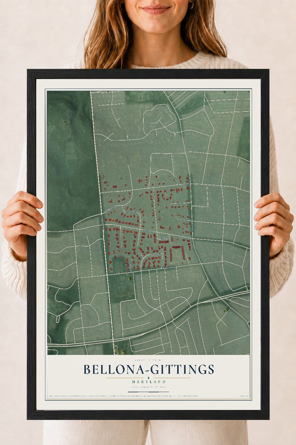 Map of Bellona-Gittings, Maryland, 18 x 24 inch print in a black wood frame