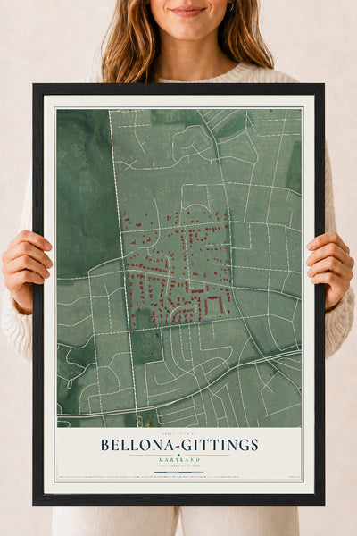 Map of Bellona-Gittings, Maryland, 18 x 24 inch print in a black wood frame