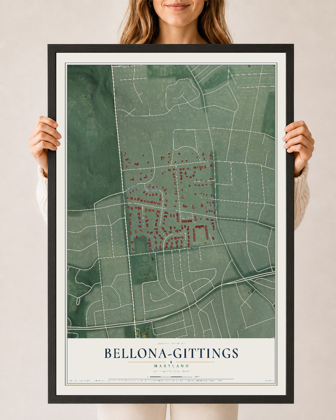 Map of Bellona-Gittings, Maryland, 24 x 36 inch print in a black wood frame