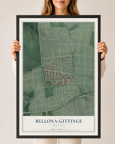 Map of Bellona-Gittings, Maryland, 24 x 36 inch print in a black wood frame
