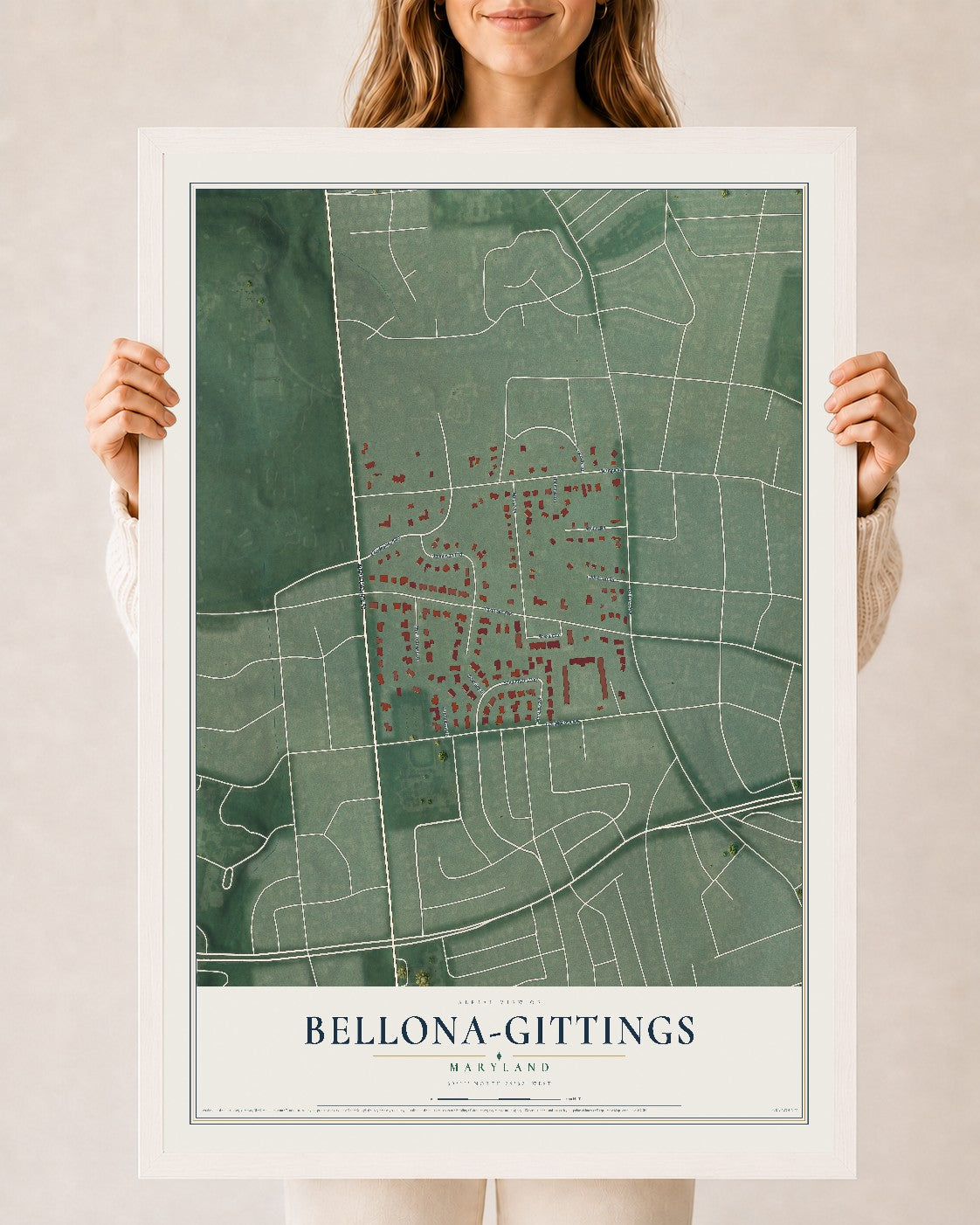 Map of Bellona-Gittings, Maryland, 24 x 36 inch print in a white wood frame
