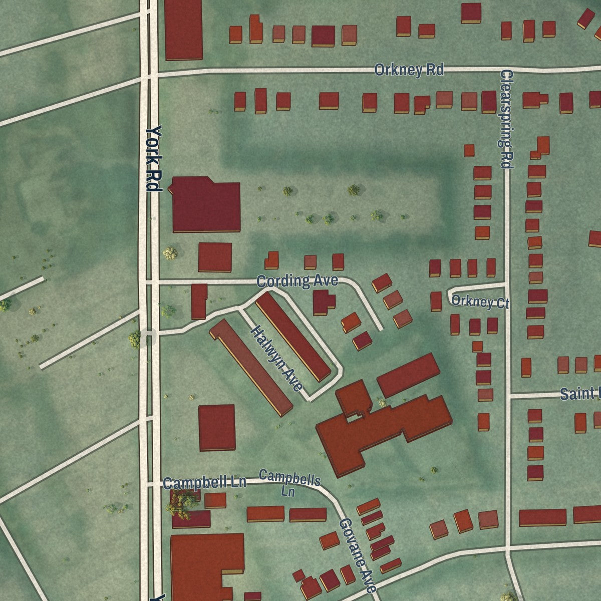 Close-up of the map of Belvedere, Maryland print showing street and building detail