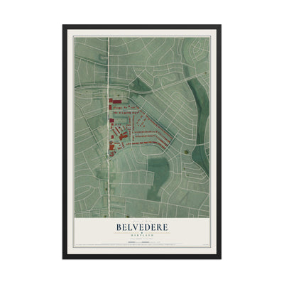 Map of Belvedere, Maryland, 12 x 18 inch print in a black wood frame