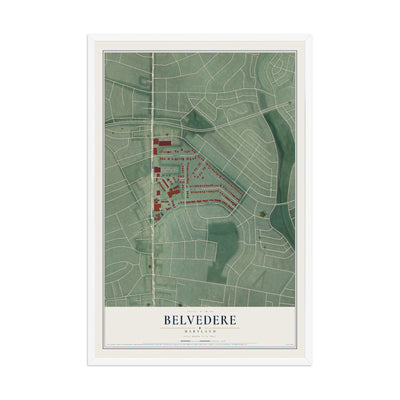 Map of Belvedere, Maryland, 12 x 18 inch print in a white wood frame
