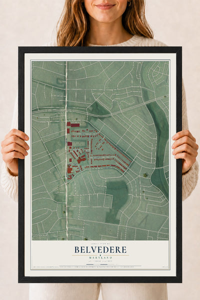 Map of Belvedere, Maryland, 18 x 24 inch print in a black wood frame
