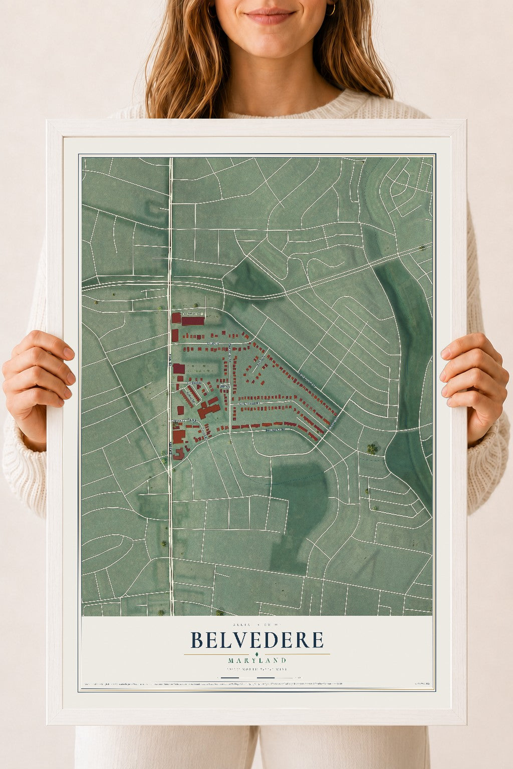 Map of Belvedere, Maryland, 18 x 24 inch print in a white wood frame