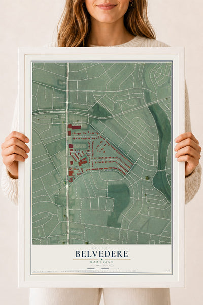 Map of Belvedere, Maryland, 18 x 24 inch print in a white wood frame