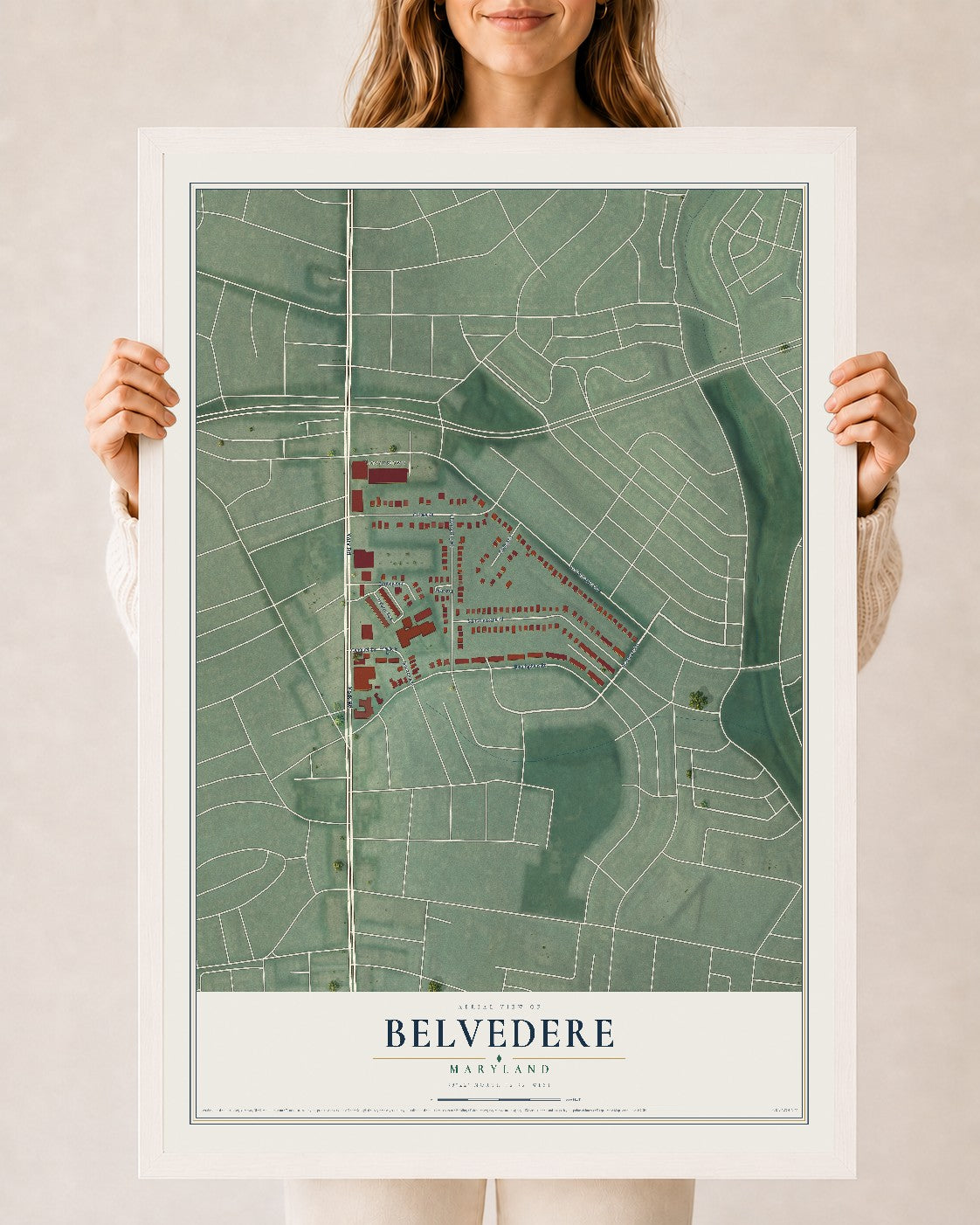 Map of Belvedere, Maryland, 24 x 36 inch print in a white wood frame