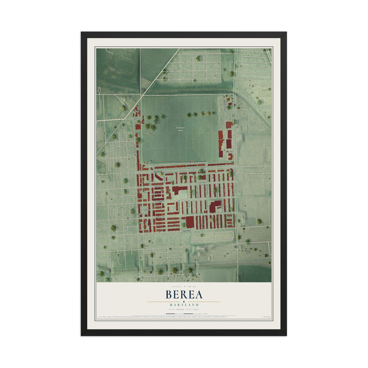 Map of Berea, Maryland, 12 x 18 inch print in a black wood frame