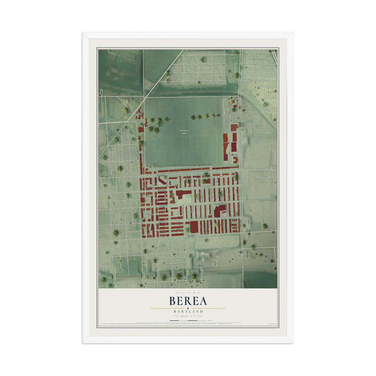 Map of Berea, Maryland, 12 x 18 inch print in a white wood frame