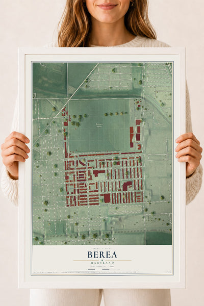 Map of Berea, Maryland, 18 x 24 inch print in a white wood frame