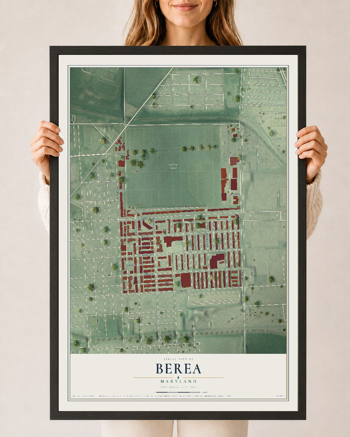Map of Berea, Maryland, 24 x 36 inch print in a black wood frame