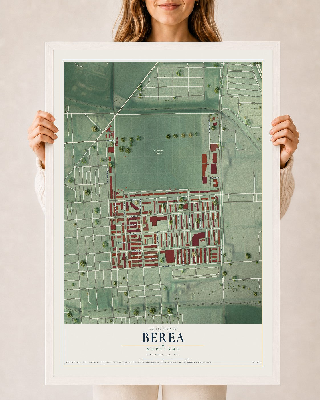 Map of Berea, Maryland, 24 x 36 inch print in a white wood frame