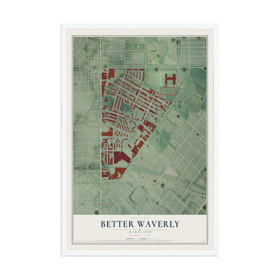 Map of Better Waverly, Maryland, 12 x 18 inch print in a white wood frame