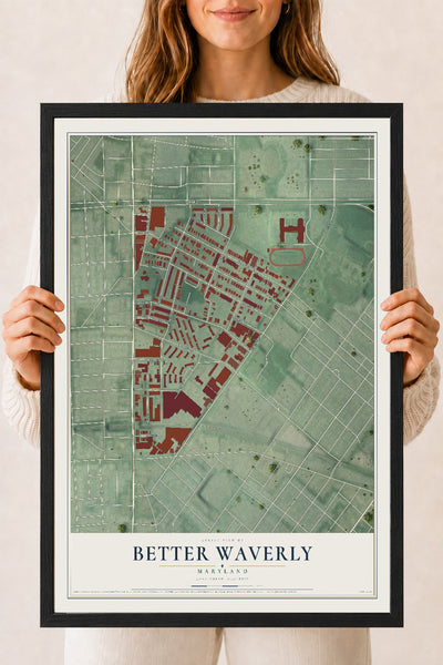 Map of Better Waverly, Maryland, 18 x 24 inch print in a black wood frame