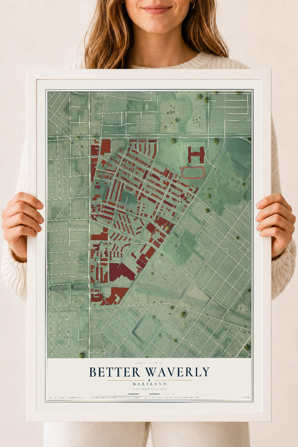 Map of Better Waverly, Maryland, 18 x 24 inch print in a white wood frame