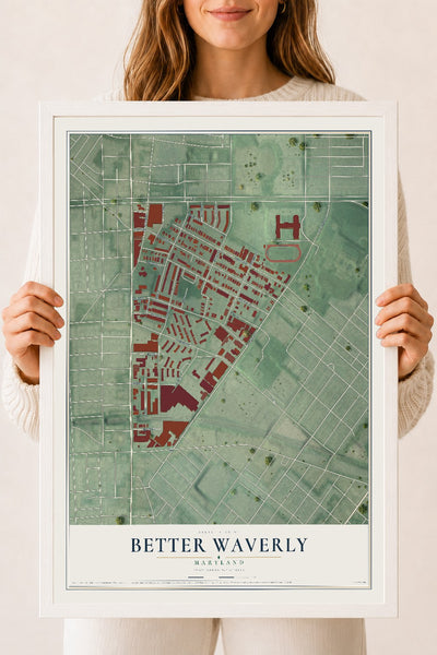 Map of Better Waverly, Maryland, 18 x 24 inch print in a white wood frame